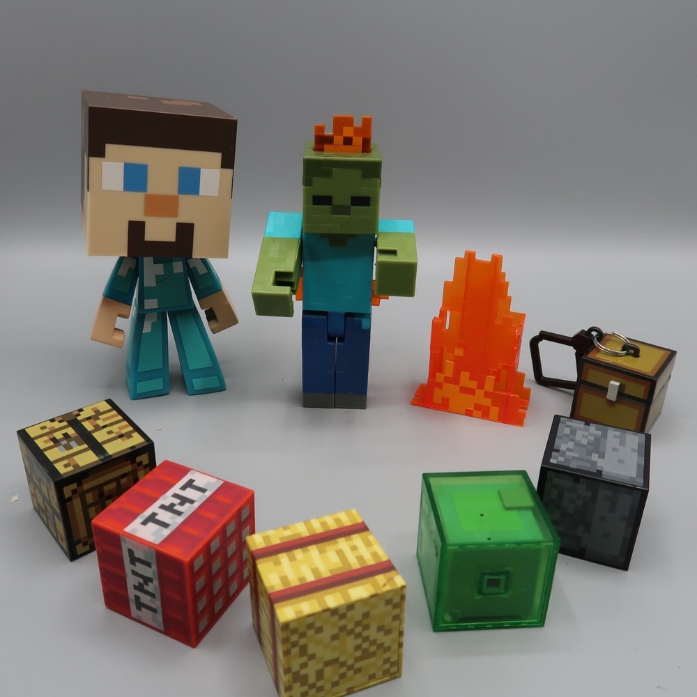 Minecraft‎ Survival Mode Zombie Flames 5" & Steve Figure with Blocks Lot Large